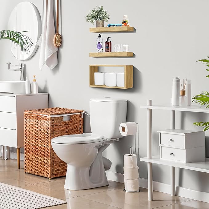 Sorbus Floating Shelves for Wall Set of 3 - Bathroom Shelves for Wall Storage, Over Toilet, Bedroom, Farmhouse, Decor - 2 Floating Shelves with Invisible Brackets & 1 Rectangular Box