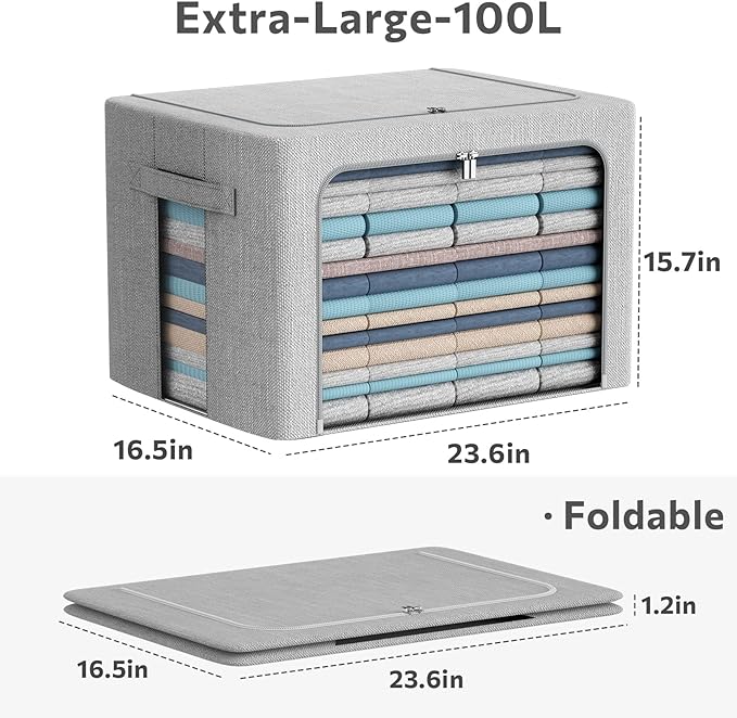 3Pack Foldable Storage Bins - Frame Storage Box Linen Fabric Stackable Clothes Container Organizer with Clear Window & Carry Handles Large Capacity (Extra Large-100L, Light Grey)