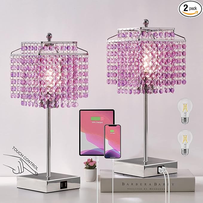 Luvkczc Purple Bedside Crystal Table Lamp Set of 2, Touch Control Lamps, 3-Way Dimmable Lamp with Crystal Shade for Bedroom, Girl Living Room, 6W B11 Bulb Included