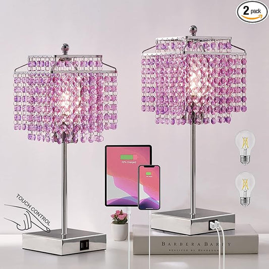 Luvkczc Purple Bedside Crystal Table Lamp Set of 2, Touch Control Lamps, 3-Way Dimmable Lamp with Crystal Shade for Bedroom, Girl Living Room, 6W B11 Bulb Included