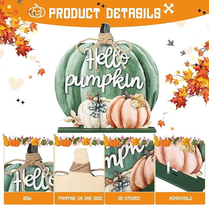 Soaoo Fall Decoration Wooden Fall Hello Pumpkin Sign Autumn Pumpkin Table Decor 11 Inch Wooden Autumn Desktop Ornament for Farmhouse Home Living Room Harvest Day Thanksgiving Decor(Green,Vivid)