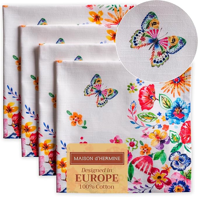Maison d' Hermine Cloth Napkins Set of 4 100% Cotton Everyday Reusable Square Napkins Cloth Washable, Dinner, Party, Wedding, Restaurant, Spring/Summer (Happy Florals - High Summer, 20" x 20")
