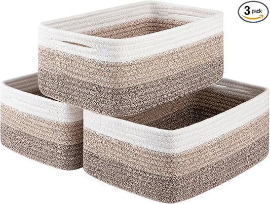 3 Pack Small Storage Baskets for Organizing, Cute Woven Decorative Gift Baskets for Shelves, Mini Closet Organizer Bins with Handles-13''Lx8.66''Wx5.11''H-Brown White