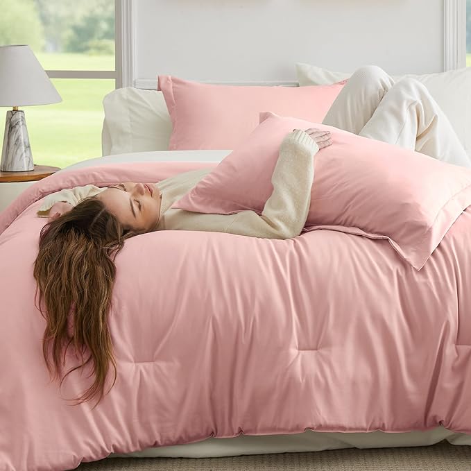 Bedsure Full Size Comforter Set - 7 Pieces Pink Full Bedding Set for All Seasons, Boho Contrasting Design Bed in a Bag with Comforter, Sheets, Pillowcases & Shams