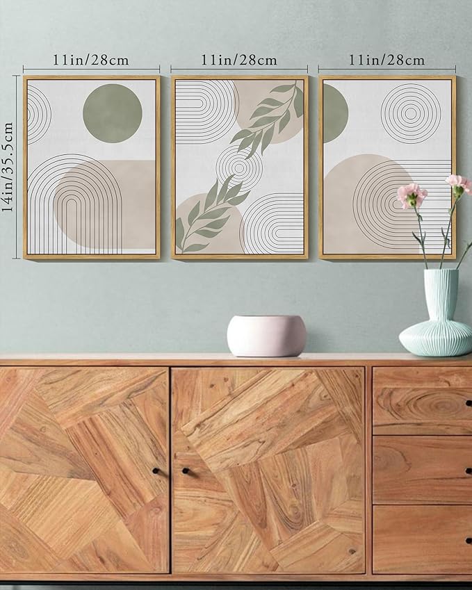 KUVIOKE Green Boho Framed Wall Art Modern Botanical Wall Printing Neutral Geometric Bohemain Sage Decor Ready to Hang 11x14in (Natural Framed)