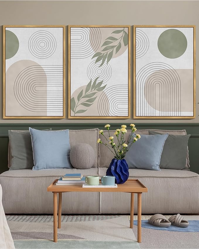 KUVIOKE Green Boho Framed Wall Art Modern Botanical Wall Printing Neutral Geometric Prints Bohemain Sage Decor Ready to Hang 24x36in (Natural Framed)