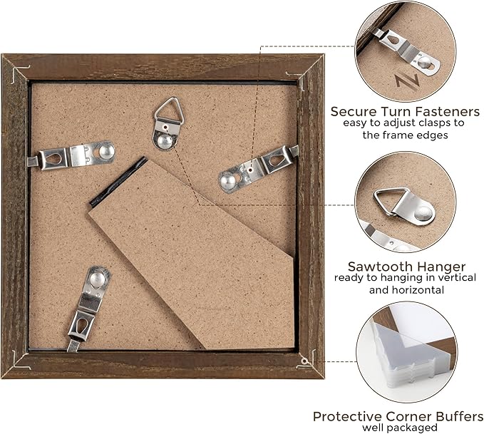 Fun Memories 4x4 Picture Frame, Solid White Oak Wood Frame 4 by 4, 4 x 4 Square Photo Frame with Tempered Real Glass, Rustic Wooden Frame 4"" x4 for Wall & Tabletop Display, Walnut Color, Set of 4