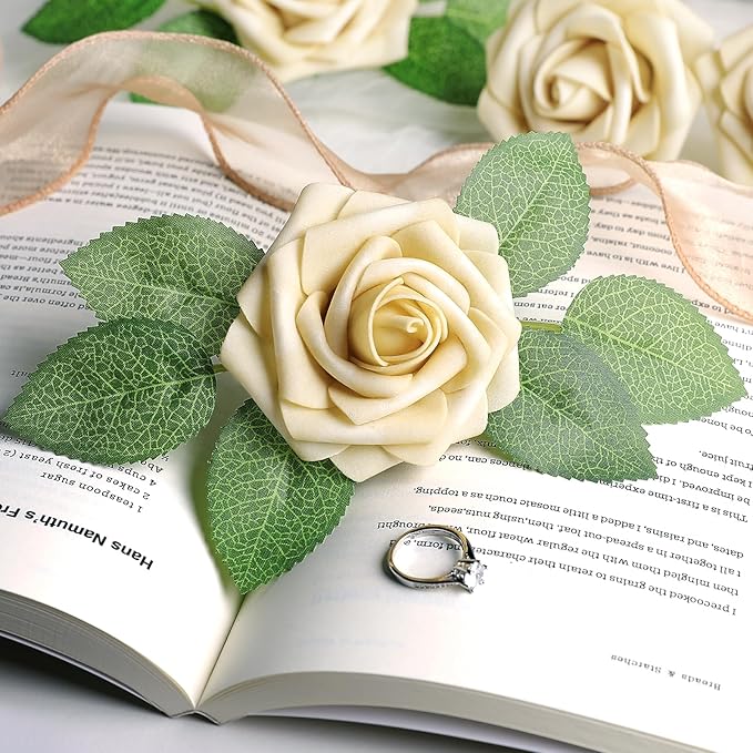 AmyHomie 25pcs Real Looking Artificial Beige Roses w/Stem for DIY Wedding Bouquets Centerpieces Arrangements Party Baby Shower Home Decorations