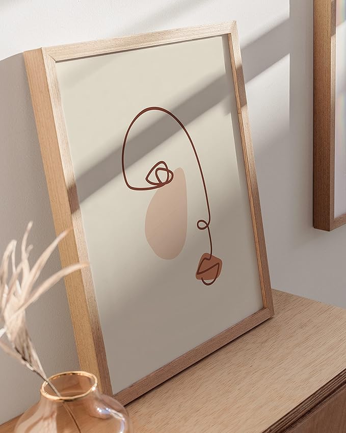 HAUS AND HUES Female Figure Wall Art Line Drawing - Single Line Drawing Wall Art, Woman Art Print Line Art Wall Decor Minimalist Wall Decor, Silhouette Lipstick (Beige Framed, 12x16)