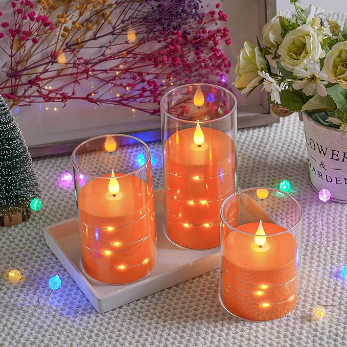 Da by Flickering Flameless Candles with Remote,Acrylic LED Candles with Embedded Star String,Battery Operated Candle, for Home and Holiday Decoration Set of 3（Orange）