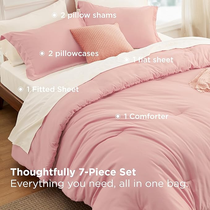 Bedsure King Size Comforter Set - 7 Pieces Pink King Bedding Set for All Seasons, Boho Contrasting Design Bed in a Bag with Comforter, Sheets, Pillowcases & Shams
