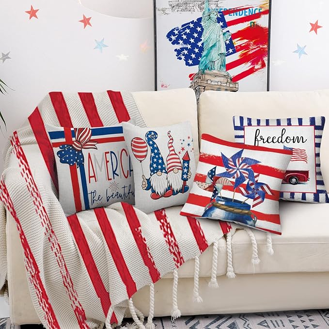 COMMINY 4th of July Pillow Covers 18x18 Set of 6 Patriotic Stripes Throw Pillow Cover American Flag Pillow Case Independence Memorial Day Decorations for Couch Home