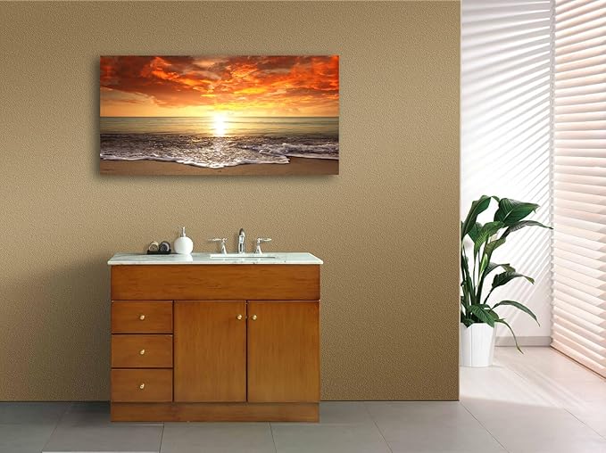 Baisuart-S0150 Canvas Prints Wall Art Sunset Ocean Beach Pictures Photo Paintings for Living Room Bedroom Home Decorations Modern Stretched and Framed Seascape Waves Landscape Giclee Artwork