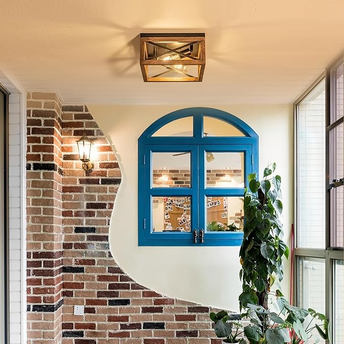 Flush Mount Ceiling Light Fixture for Kitchen Hallway, 2-Light Close to Ceiling Light with Black Metal and Wood Design, Rustic Farmhouse Ceiling (Bulb not Included)