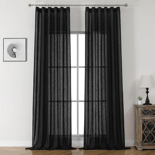 Black Semi Sheer Curtains 90 Inches Long, Linen Textured Light Filtering Drapes for Living Room Bedroom, Dark Moody Modern Farmhouse Window Decor, Pinch Pleat Curtain with Hooks