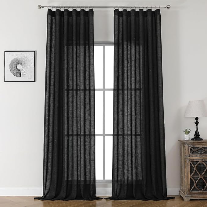 Black Semi Sheer Curtains 102 Inch Long, Linen Textured Light Filtering Drapes for Living Room, Dark Moody Modern Farmhouse Window Decor, Floor to Ceiling Pinch Pleat Curtain with Hooks