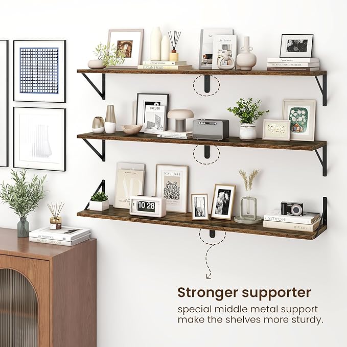 Fun Memories Deep Floating Shelves for Wall, 48W x 8D Wall Mounted Shelves Set of 2, Wide Display Ledge Shelf with Sturdy Metal Brackets for Living Room, Bathroom, Bedroom and Kitchen, Rustic Brown
