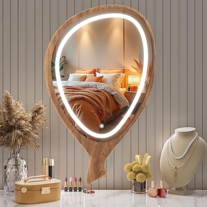 LED Wall Mirror Irregular Asymmetrical Wall Mirror for Living Room Bathroom Entryway, Modern Decorative Mirror Hanging (Hook Style, 30'' x 18''Walnut