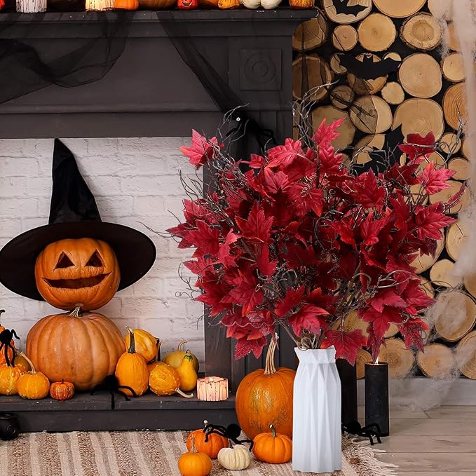 12 Pcs 19.7 Inch Artificial Halloween Flowers Decorations Burgundy Floral Stem Leaves Picks Branches Gothic Halloween Table Decorations for Home Indoor Party Vase Arrangement Decor