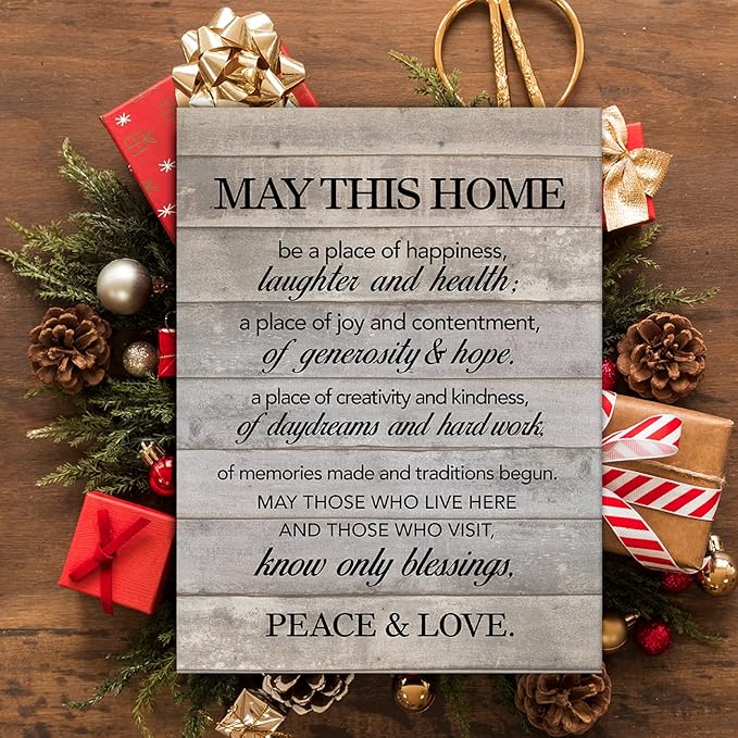 New Home Wall Art May This Home Be a Place of Happiness Canvas Print Inspirational Quote Framed Painting for Wall & Tabletop Decor Housewarming Gift