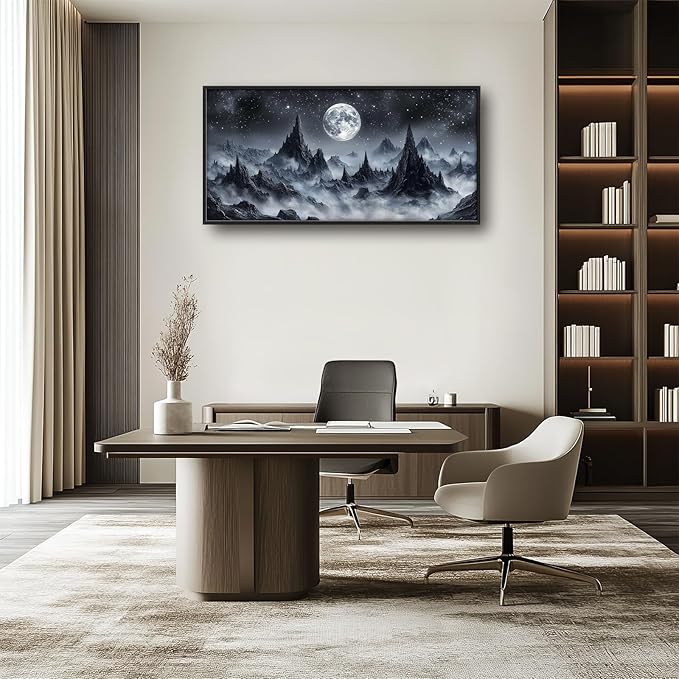 Olivine Mountain Large Wall Art, Moon Pictures Wall Decor, Nature Landscape Paintings, Night Mountains Canvas Prints, Framed Artwork for Dining Room Bedroom Living Room Office Bathroom Home 60"x30"