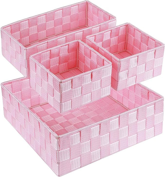 Posprica Woven Storage Baskets for Organizing, Small Baskets Cube Bin Container Tote Organizer Divider for Drawer, Closet, Shelf, Dresser, Set of 4(Pink)