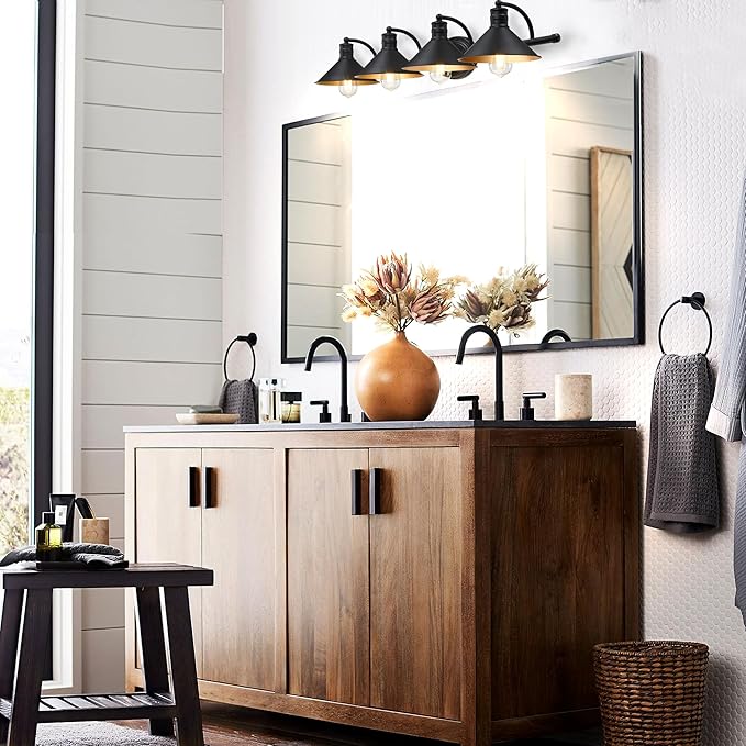 4 Light Bathroom Vanity Light Over Mirror - Black and Gold Farmhouse Wall Light for Bathroom Vanity Powder Room, Rustic Goose Neck Barn Style 4 Bulb Wall Sconce Over Kitchen Sink