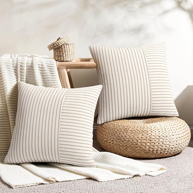 Farmhouse Pillow Covers 18x18, Modern Accent Square Throw Pillow Covers Set of 2, Khaki and Beige Striped Patchwork Linen Decorative Pillows Cushion Covers for Couch Chair Bedroom Fall Decorations