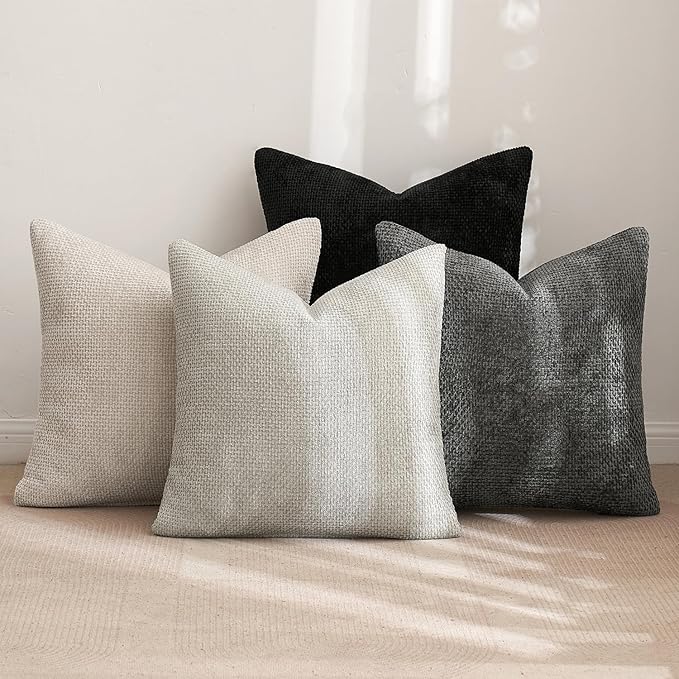MIULEE Pack of 4 Couch Throw Pillow Covers 18x18 Inch Neutral Cream/Grey Soft Decorative Chenille Pillow Covers Farmhouse Accent Cushion Covers for Boho Home Decor Sofa Bedroom Living Room