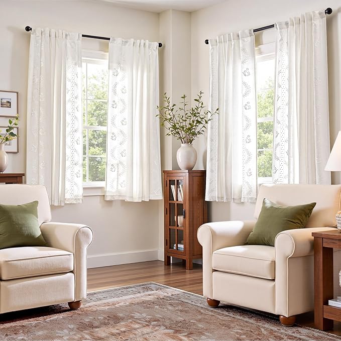 jinchan Belrose Linen Curtains for Bedroom Floral Curtains 63 Inch Length Linen Blend White Embroidered Drapes Farmhouse Flower Patterned Drapes for Living Room Window Treatments Set 2 Panels