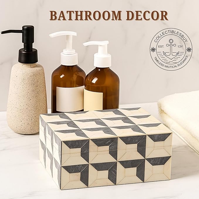 collectiblesBuy Handmade Bone Inlay Jewelry Storage Box – Rectangular Decorative Organizer with White Grey Yellow Design – Unique Keepsake Gift for Home Décor