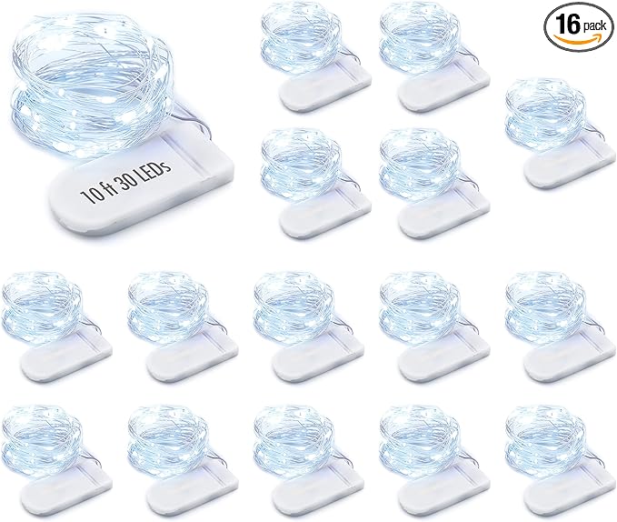 MUMUXI Battery Operated 16 Pack of Copper Wire LED Fairy Lights, 10ft Cool White, Easy to Shape, Waterproof, Indoor/Outdoor Use