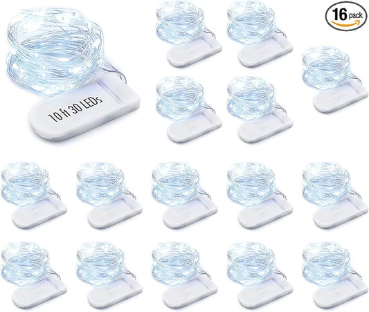 MUMUXI Battery Operated 16 Pack of Copper Wire LED Fairy Lights, 10ft Cool White, Easy to Shape, Waterproof, Indoor/Outdoor Use