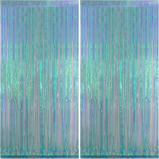 Melsan Foil Backdrops Birthday Decorations - 2 Pack 3.2 x 6.5 ft Tinsel Backdrop Foil Fringe Curtains for Frozen Under The Sea Birthdays Parties - Clear Blue 2 Packs