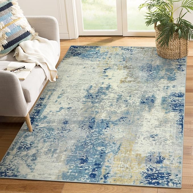 Lahome Modern Abstract Area Rug 4x6, Washable Living Room Rug for Bedroom Entryway Non Slip, Soft Contemporary Indoor Floor Throw Carpet for Apartment Playroom Home Office, Blue