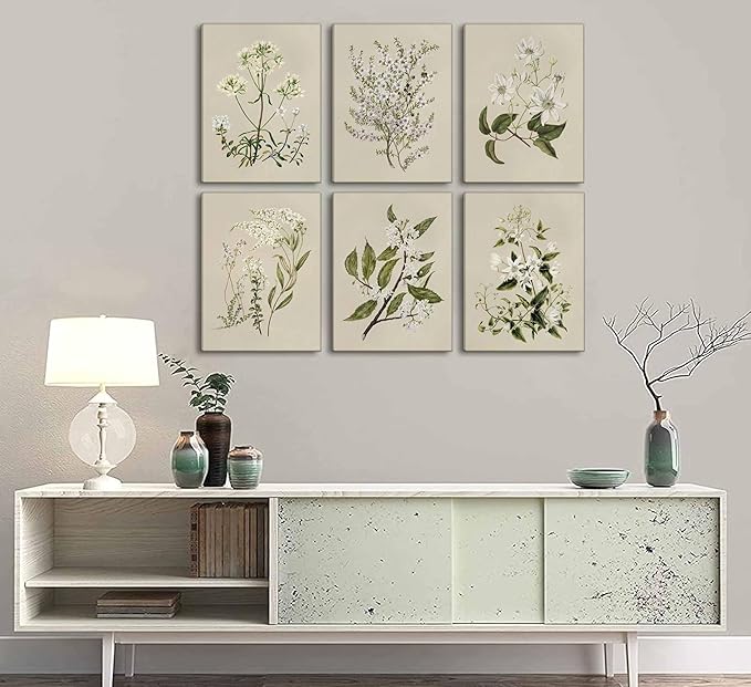 6 PCS Neutral Floral Canvas Wall Art Vintage Rustic Farmhouse Flower Botanical Painting Picture Wall Decor Poster Print Artwork for Living Room Bedroom Home Decoration