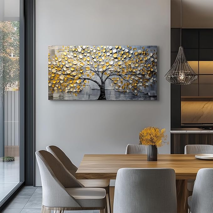 crmotu Tree of Life Large Wall Art for Living Room, Golden Tree Neutral Abstract Canvas Painting Art Prints, Nature Plant Modern Pictures Wall Decor for Bedroom Bathroom Dining Room Office 24"X48"
