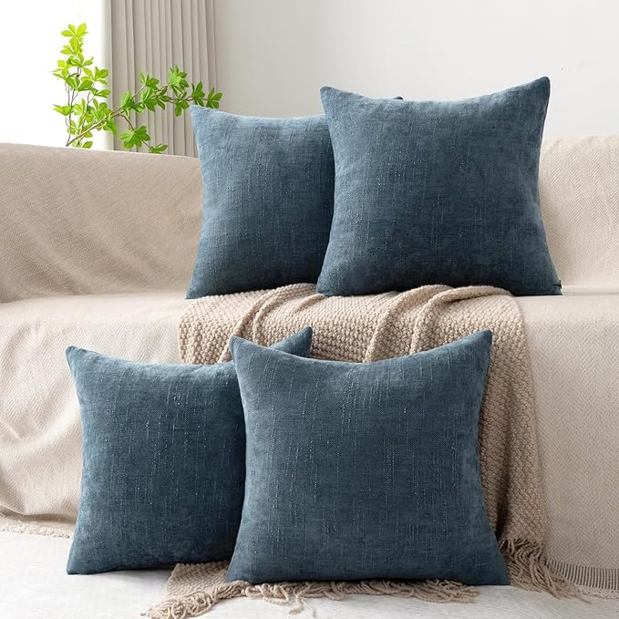Set of 4 Soft Textured Decorative Throw Pillow Covers 16x16 Inch Cozy Farmhouse Cushion Cover Square Accent Pillow Cases for Bed Couch Sofa Living Room, Grey Blue