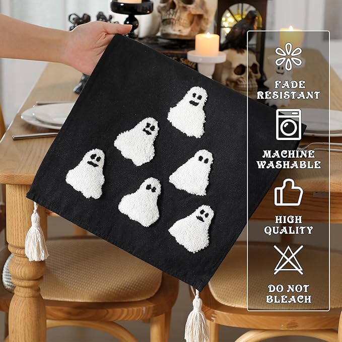 Breling Halloween Ghost Table Runner Jacquard Cute Ghost Halloween Dinner Table Runner Fall Autumn Kitchen Dining Decoration for Kitchen Farmhouse Party Holiday Home Decor 13x72 Inch(Black)