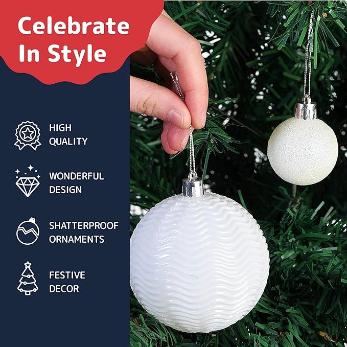 Prextex 36pc Shatterproof White Christmas Balls Ornament Set - Festive Christmas Tree Ornaments in 3 Different Sizes and 6 Styles - Holiday Decoration with Hanging Loops for Tree, Wreath, Party Decor