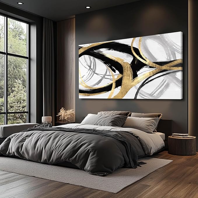 Kureful Black And Gold Wall Decor Large Wall Art for Living Room Abstract Wall Art Pictures Paintings Minimalist Decor Canvas Artwork 29”x58”