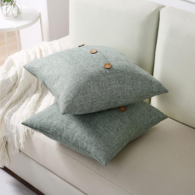 HAUSSY Sage Green Linen Decorative Throw Pillow Covers 20x20 Inch Set of 2,Square Cushion Case with 3 Vintage Buttons,Modern Farmhouse Home Decor for Couch,Bed