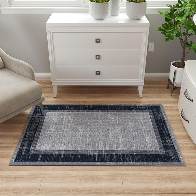 Ottomanson 3'3" x 5' Rugs for Living Room Border Area Rug for Bedroom - Non Slip Durable Large Floor Carpet for High Traffic Areas - Indoor Rug for Dining Room Kitchen Kids Playroom, Gray/Navy