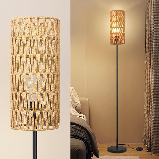 Floor Lamp for Living Room,Farmhouse Rattan Floor lamp,Modern Standing lamp with 3 Color LED Bulb,Black Tall Lamp with Foot Switch