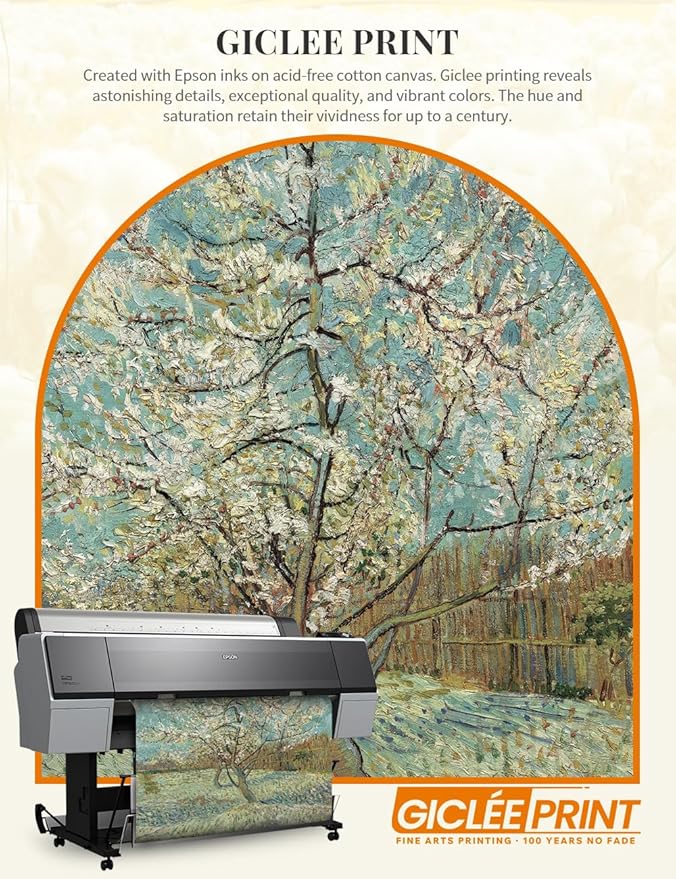 DECORARTS - The Pink Peach Tree, Vincent Van Gogh Art Reproduction. Acid Free Cotton Canvas Giclee Print w/Bronze Frame&Mat for Wall Decor.