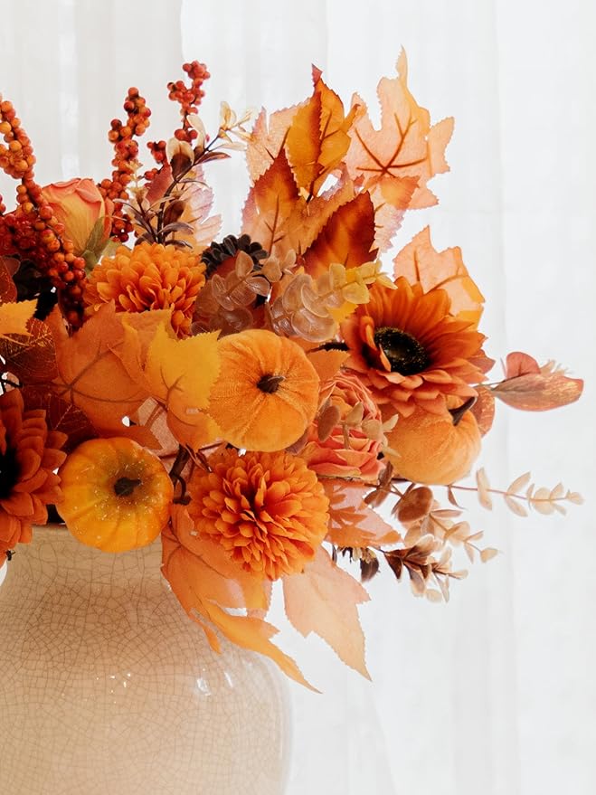 MISSPIN 10 PCS 18 inch Fall Decor Bouquets, Fall Decorations Indoor Outdoor Halloween Thanksgiving Farmhouse Arrangement Decorations for Front Door Wedding Centerpieces in Autumn (Orange)