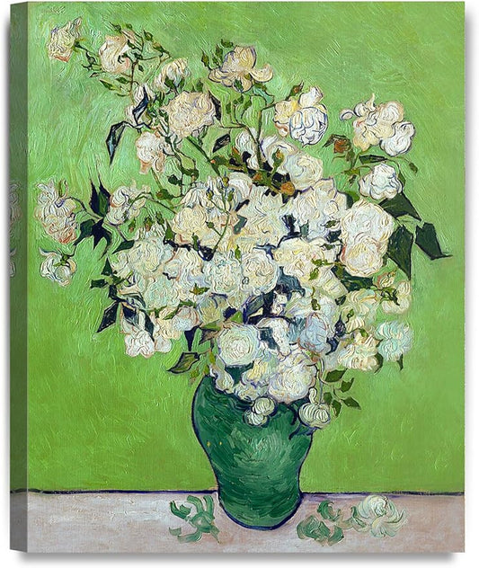 DECORARTS - Pink Roses in a Vase, Vincent Van Gogh Art Reproduction. Giclee Canvas Prints Wall Art for Home Decor 20x16