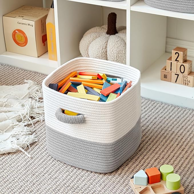 Storage Cube Baskets for Organizing- 3 Pack- 11 inch Square Baskets for Cube Storage, Closet Storage Bins- Woven Cube Storage Bins for Shelves- Ideal for Toy Storage |White & Grey