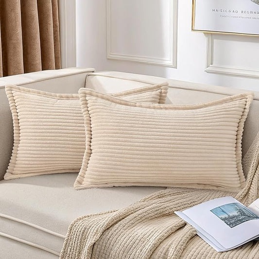Mecatny Corduroy Throw Pillow Covers 12x20 Set of 2, Neutral Decorative Soft Boho Lumbar Couch Pillow Covers with Broadside for Sofa Living Room, Beige