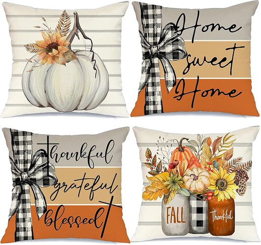 AACORS Fall Pillow Covers 18 x 18 Inch Set of 4, Pumpkin Home Sweet Home Thankful Grateful Blessed Harvest Floral Decorations Autumn Seasonal Pillow Case Decor for Sofa Couch AA557-18
